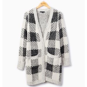 Metric Knits Cozy Fuzzy Long Cardigan Sweater in Beige/Black Plaid